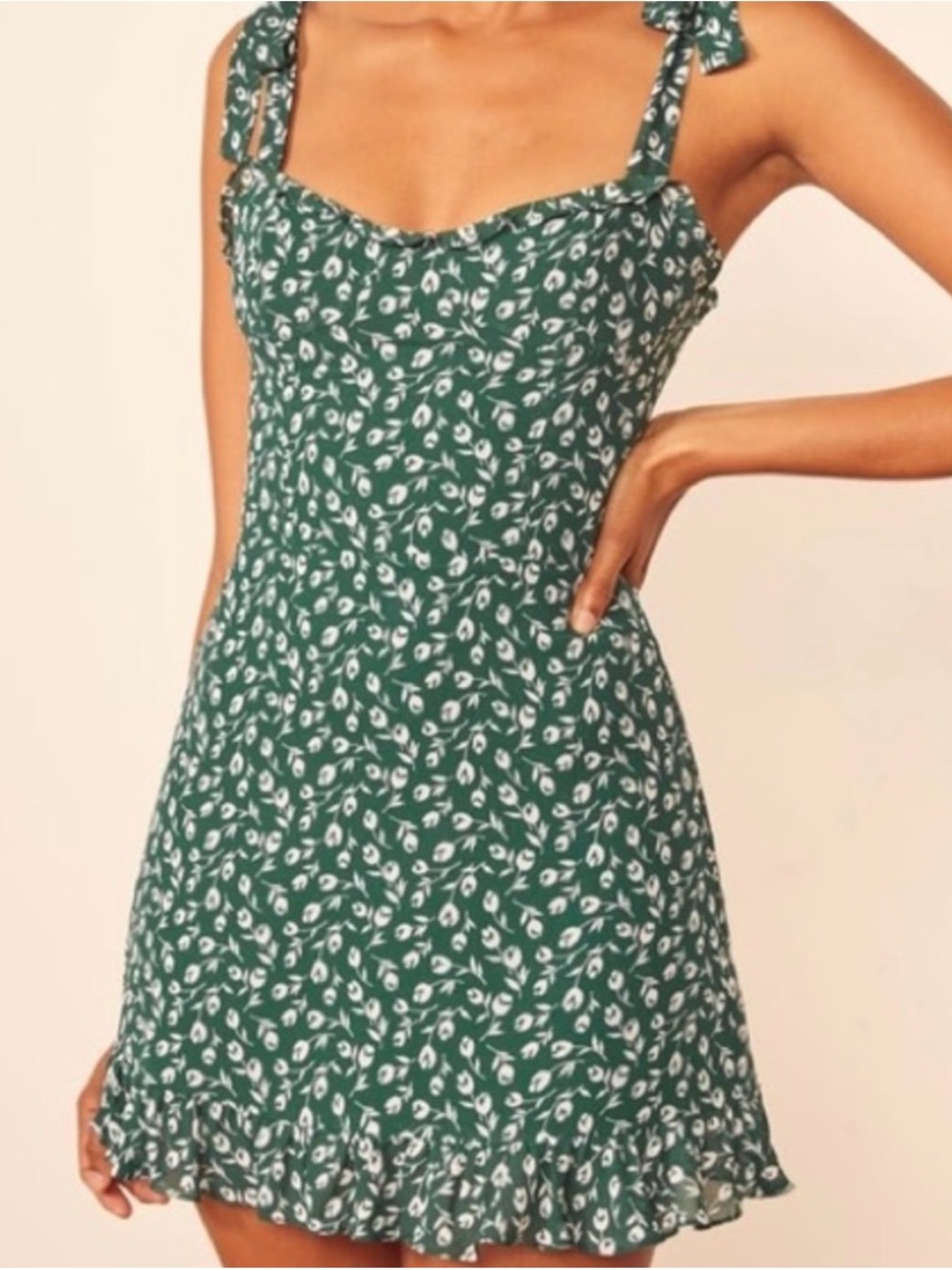 Reformation Christine Green Floral Tie-Shoulder Mini Dress with Ruffle Hem